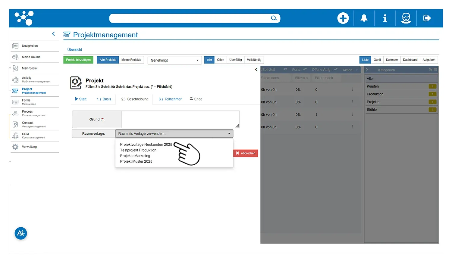 Projekt-Vorlagen (Templates) im Projekt-Management von ONTIV nutzen